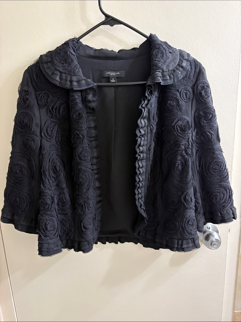 Ann Taylor black Rosette Open-Front Short Jacket